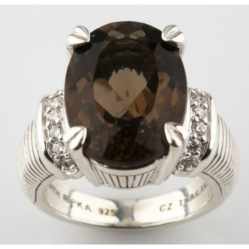 Judith Ripka Sterling Silver Smoky Quartz Prong-Set Ring Size 6.25 w/ CZ Accents